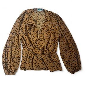 Women's brown leopard sheer peplum long sleeve top